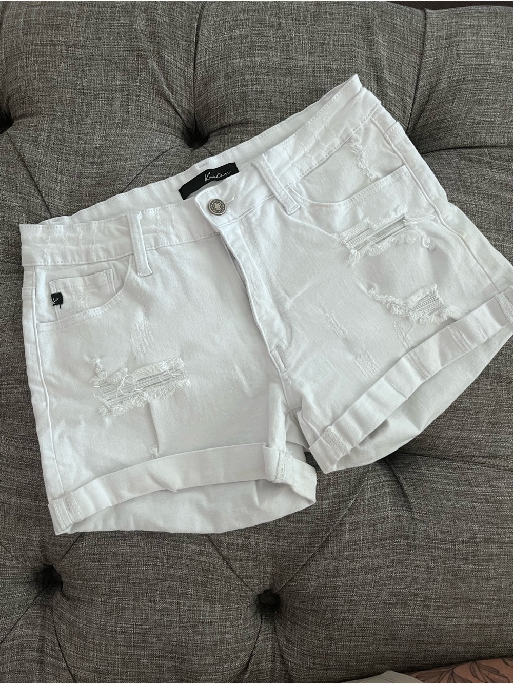 KanCan White Distressed Denim Roll-Cuff Shorts